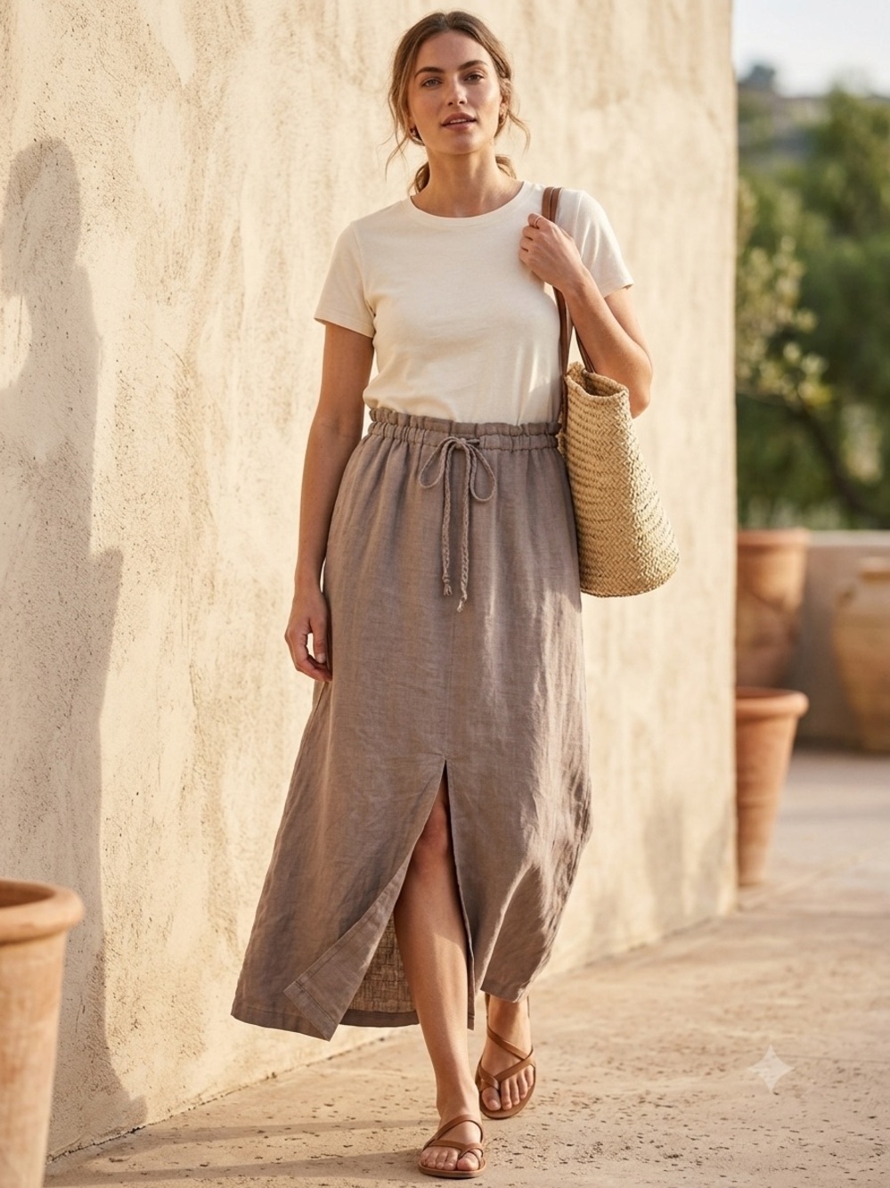 Luca Vanucci 100% Italian Linen Midi Lagenlook Resort Beachy Skirt , Small